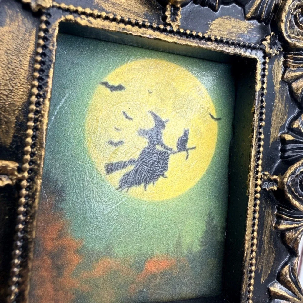 Halloween Witch Moon Bats Miniature Art Print Ornate Black Gold Resin Frame 3in